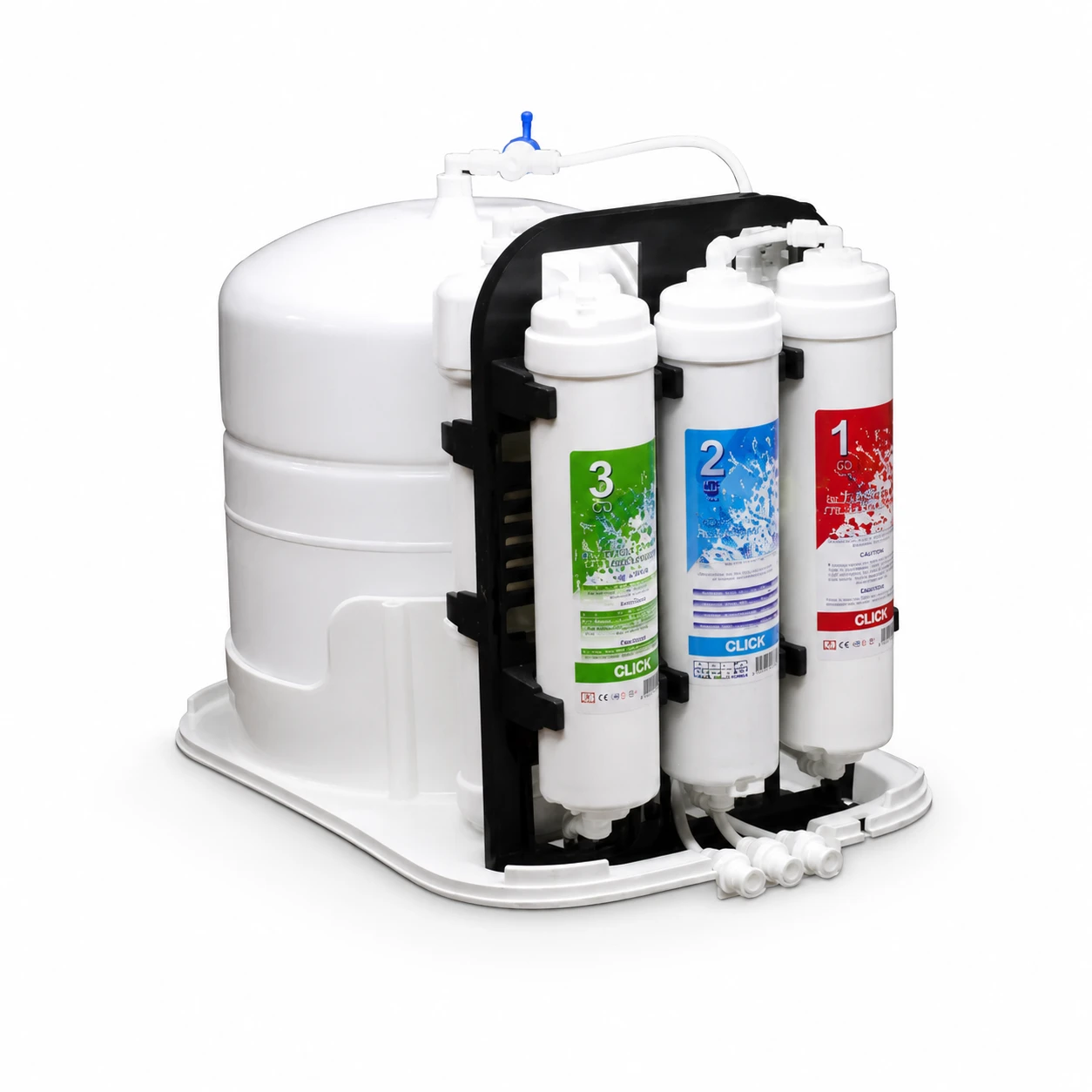 Intérieur d'un osmoseur : cartouches de filtration numérotées 1, 2 et 3